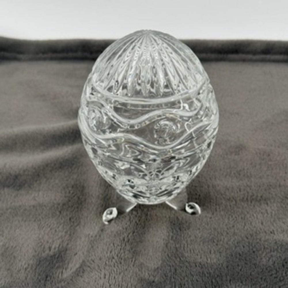 Vintage Clear Cut Crystal Egg Shaped Footed Trinket Box Floral Starburst 5.5"